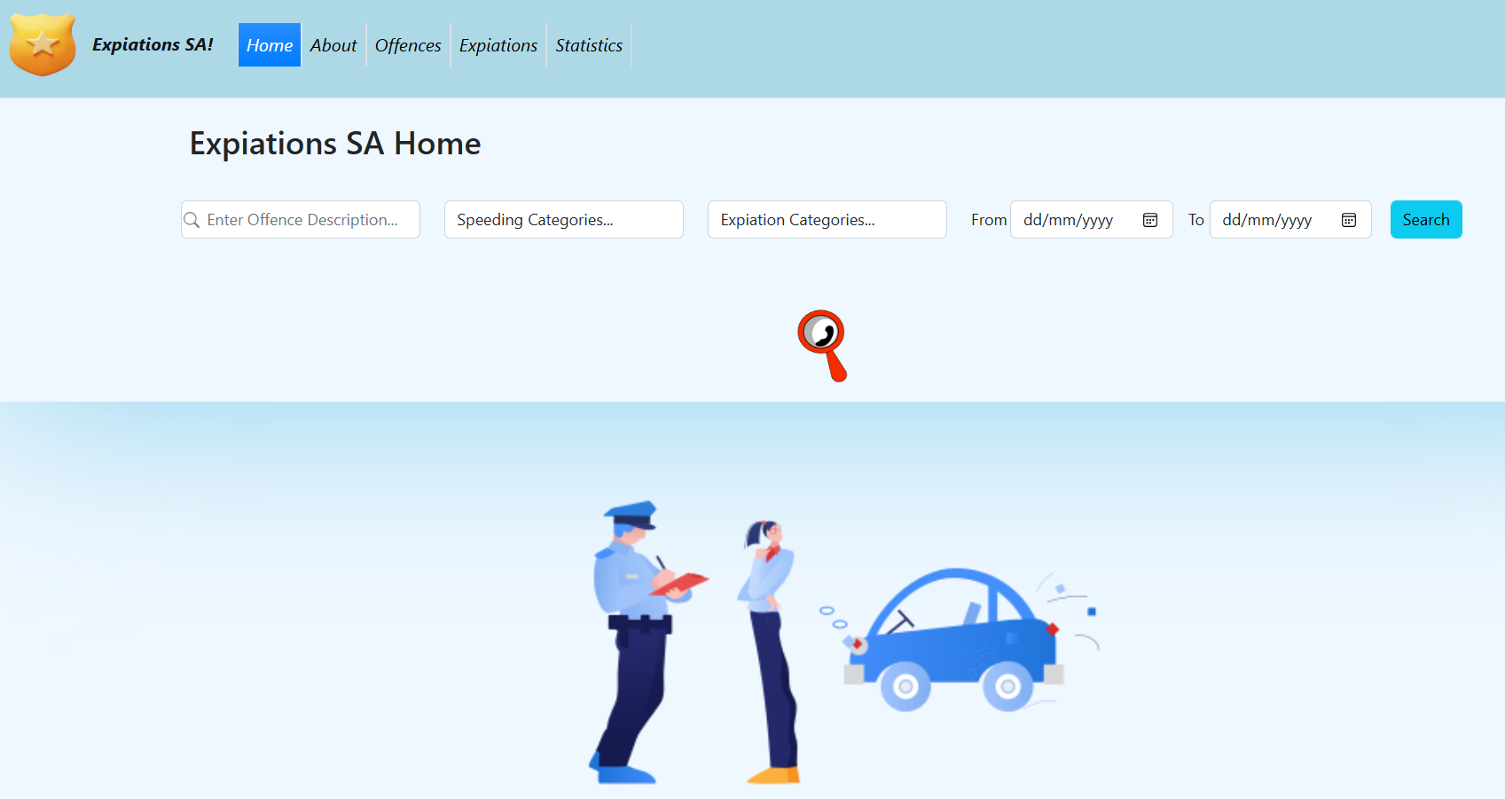 Home page with search filters