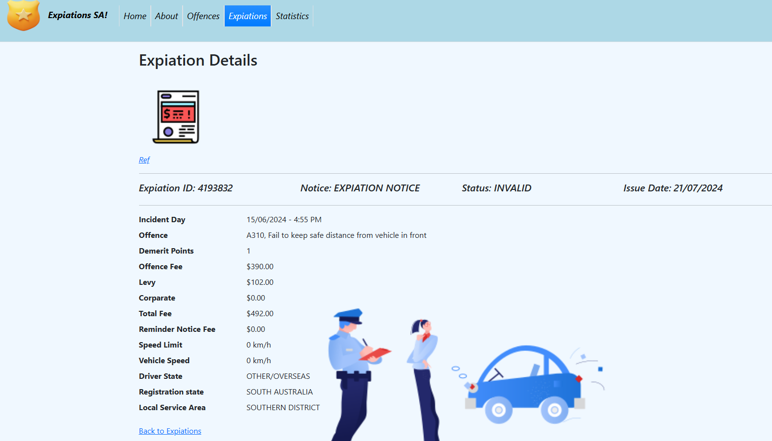 Expiation details with fee breakdown