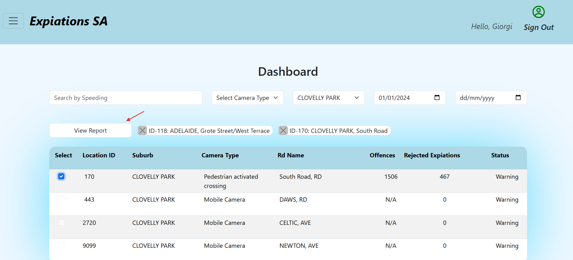 Dashboard with location filtering and data table